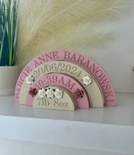 Load image into Gallery viewer, New Baby Gift - Personalised Wooden Rainbow. Engraved With Birth Details. Newborn keepsake Gift or ideal nursery decor, Christening gift