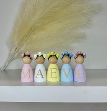 Load image into Gallery viewer, Personalised peg dolls, Personalised wooden dolls, new baby gift, nursery name sign, wooden letter floral nursery decor shelf accessories.wooden peg dolls