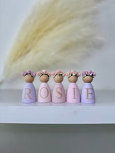 Load image into Gallery viewer, Personalised peg dolls, Personalised wooden dolls, new baby gift, nursery name sign, wooden letter floral nursery decor shelf accessories.wooden peg dolls