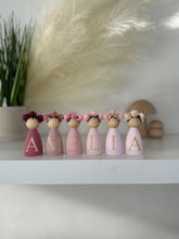 Load image into Gallery viewer, Personalised peg dolls, Personalised wooden dolls, new baby gift, nursery name sign, wooden letter floral nursery decor shelf accessories.wooden peg dolls