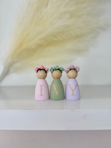 Personalised peg dolls, Personalised wooden dolls, new baby gift, nursery name sign, wooden letter floral nursery decor shelf accessories.wooden peg dolls