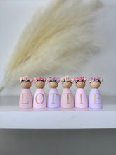 Load image into Gallery viewer, Personalised peg dolls, Personalised wooden dolls, new baby gift, nursery name sign, wooden letter floral nursery decor shelf accessories.wooden peg dolls