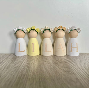 Personalised peg dolls, Personalised wooden dolls, new baby gift, nursery name sign, wooden letter floral nursery decor shelf accessories.wooden peg dolls