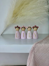 Load image into Gallery viewer, Personalised peg dolls, Personalised wooden dolls, new baby gift, nursery name sign, wooden letter floral nursery decor shelf accessories.wooden peg dolls