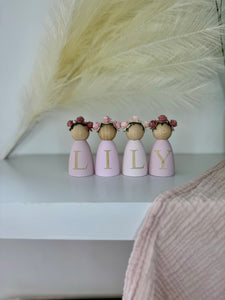 Personalised peg dolls, Personalised wooden dolls, new baby gift, nursery name sign, wooden letter floral nursery decor shelf accessories.wooden peg dolls