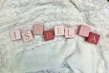 Load image into Gallery viewer, Personalised wooden baby name blocks, nursery name sign shelf decor, unique new baby gift, new born baby shower gift, wooden letters, stack