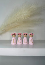 Load image into Gallery viewer, Personalised peg dolls, Personalised wooden dolls, new baby gift, nursery name sign, wooden letter floral nursery decor shelf accessories.wooden peg dolls