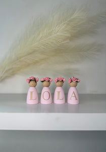 Personalised peg dolls, Personalised wooden dolls, new baby gift, nursery name sign, wooden letter floral nursery decor shelf accessories.wooden peg dolls