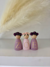 Load image into Gallery viewer, Personalised peg dolls, Personalised wooden dolls, new baby gift, nursery name sign, wooden letter floral nursery decor shelf accessories.wooden peg dolls