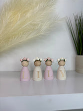 Load image into Gallery viewer, Personalised peg dolls, Personalised wooden dolls, new baby gift, nursery name sign, wooden letter floral nursery decor shelf accessories.wooden peg dolls