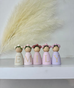 Personalised peg dolls, Personalised wooden dolls, new baby gift, nursery name sign, wooden letter floral nursery decor shelf accessories.wooden peg dolls