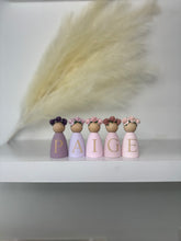 Load image into Gallery viewer, Personalised peg dolls, Personalised wooden dolls, new baby gift, nursery name sign, wooden letter floral nursery decor shelf accessories.wooden peg dolls