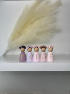 Personalised peg dolls, Personalised wooden dolls, new baby gift, nursery name sign, wooden letter floral nursery decor shelf accessories.wooden peg dolls