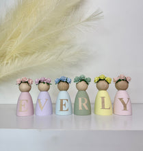 Load image into Gallery viewer, Personalised peg dolls, Personalised wooden dolls, new baby gift, nursery name sign, wooden letter floral nursery decor shelf accessories.wooden peg dolls