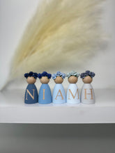 Load image into Gallery viewer, Personalised peg dolls, Personalised wooden dolls, new baby gift, nursery name sign, wooden letter floral nursery decor shelf accessories.wooden peg dolls
