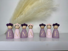 Load image into Gallery viewer, Personalised peg dolls, Personalised wooden dolls, new baby gift, nursery name sign, wooden letter floral nursery decor shelf accessories.wooden peg dolls