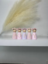 Load image into Gallery viewer, Personalised peg dolls, Personalised wooden dolls, new baby gift, nursery name sign, wooden letter floral nursery decor shelf accessories.wooden peg dolls