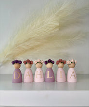 Load image into Gallery viewer, Personalised peg dolls, Personalised wooden dolls, new baby gift, nursery name sign, wooden letter floral nursery decor shelf accessories.wooden peg dolls