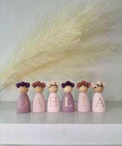 Personalised peg dolls, Personalised wooden dolls, new baby gift, nursery name sign, wooden letter floral nursery decor shelf accessories.wooden peg dolls