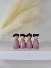 Load image into Gallery viewer, Personalised peg dolls, Personalised wooden dolls, new baby gift, nursery name sign, wooden letter floral nursery decor shelf accessories.wooden peg dolls