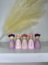 Load image into Gallery viewer, Personalised peg dolls, Personalised wooden dolls, new baby gift, nursery name sign, wooden letter floral nursery decor shelf accessories.wooden peg dolls
