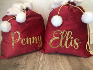 Luxury Personalised Velvet Christmas Santa sacks, Christmas sack with gold rope and pom pom, personalised Christmas sack, Christmas stocking